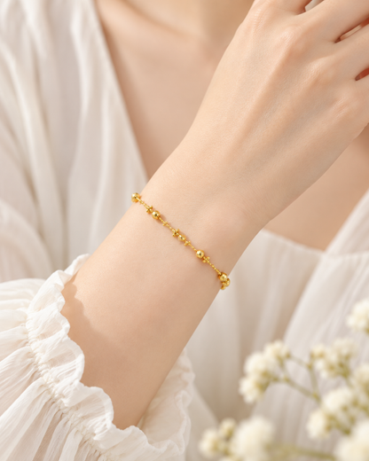 18K Solid Gold Faceted Bead Bracelet, Adjustable Dainty Chain, Minimalist Fine Jewelry