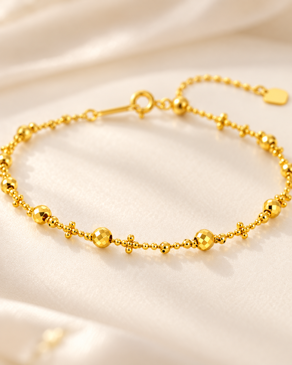 18K Solid Gold Faceted Bead Bracelet, Adjustable Dainty Chain, Minimalist Fine Jewelry