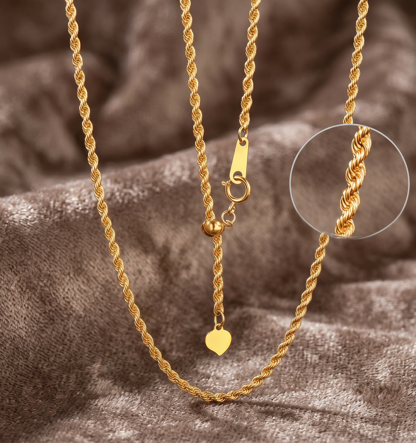 18K Solid Gold Rope Chain Necklace | 41-50cm | Yellow Gold | Adjustable