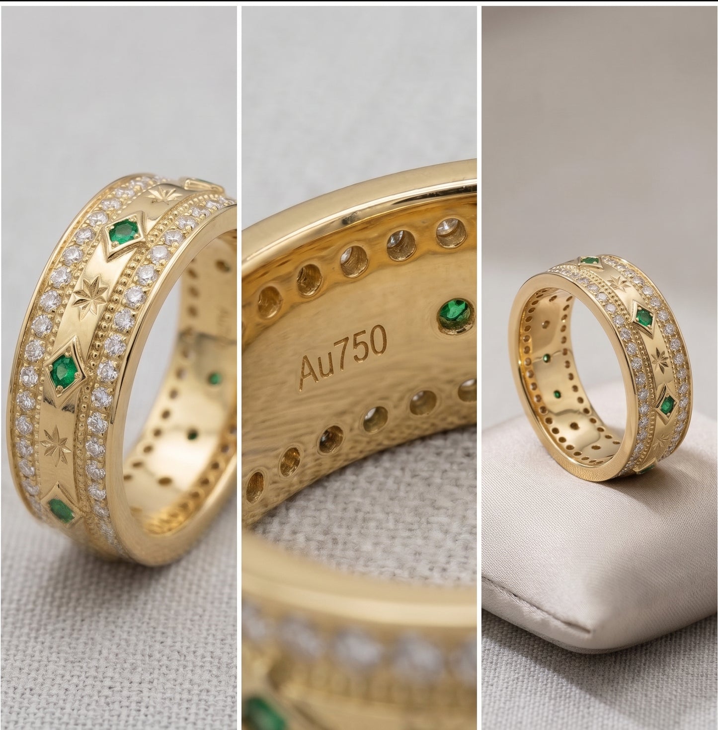 Gold Ring 18K Solid | Double Row Diamond Emerald Band | Fine Jewelry Au750