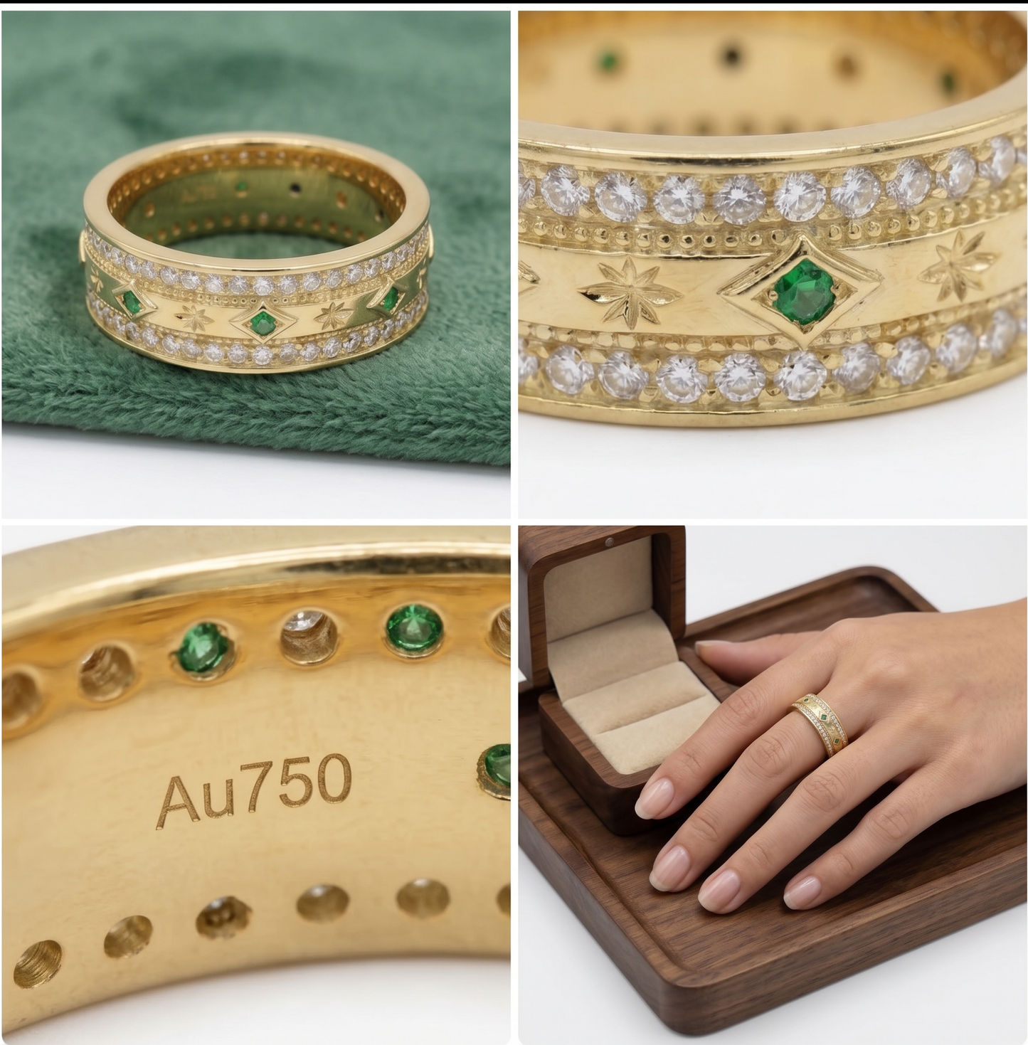 Gold Ring 18K Solid | Double Row Diamond Emerald Band | Fine Jewelry Au750