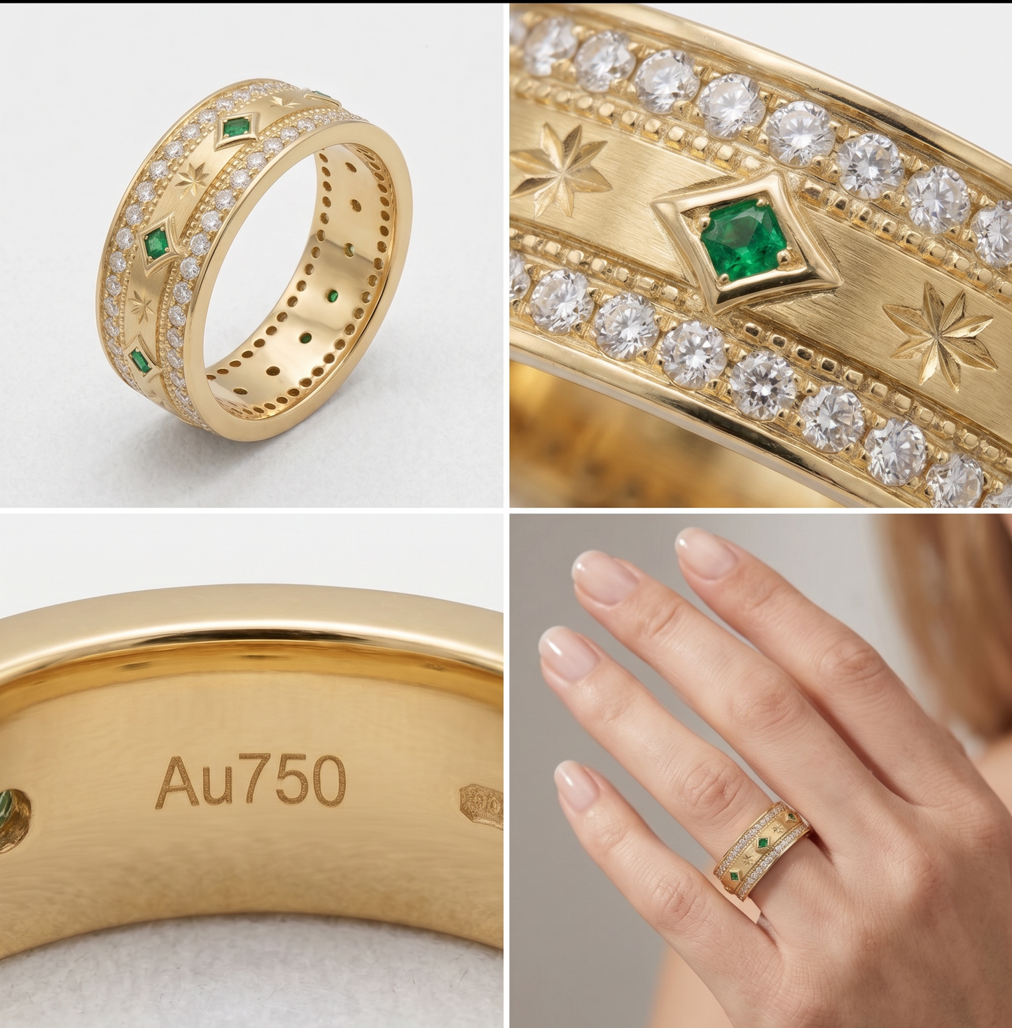 Gold Ring 18K Solid | Double Row Diamond Emerald Band | Fine Jewelry Au750