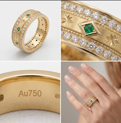 18K Solid Gold Double Row Diamond & Emerald Band