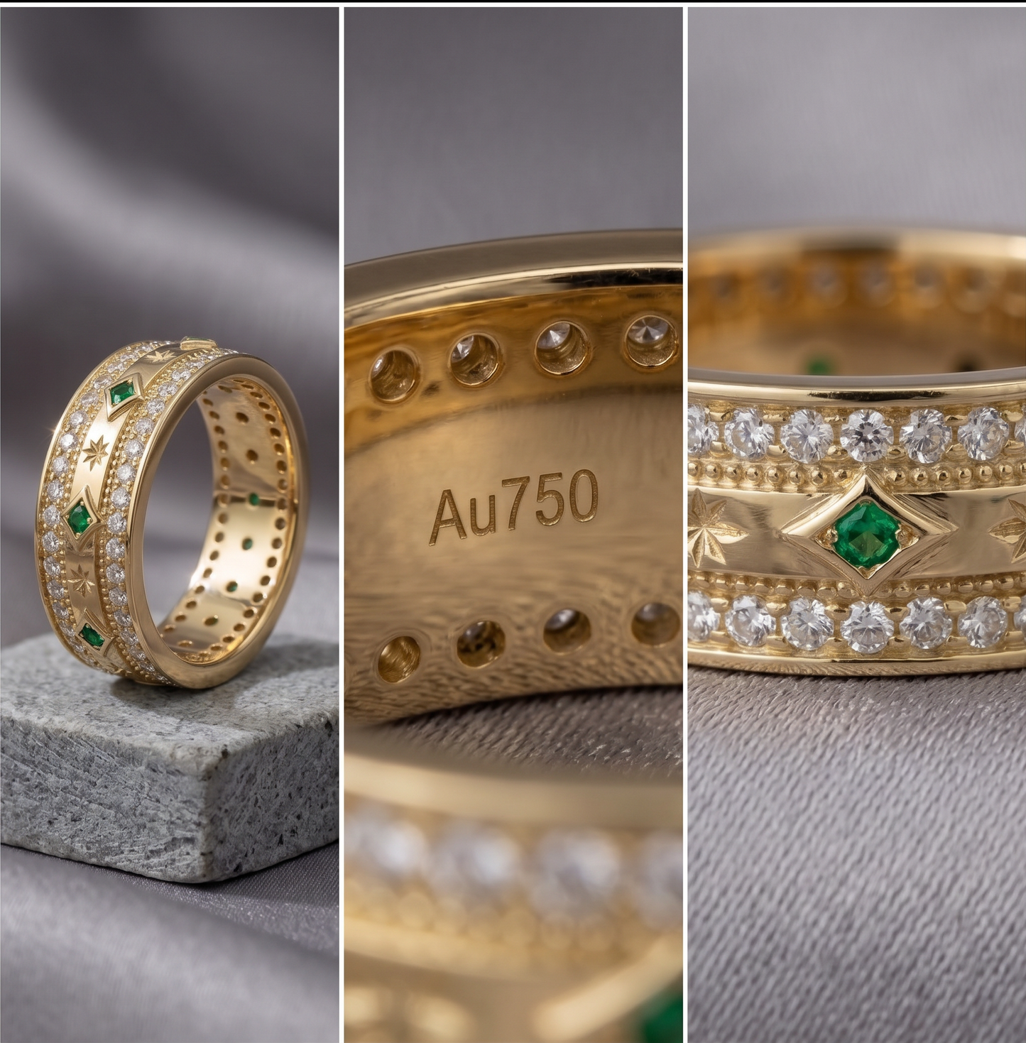 Gold Ring 18K Solid | Double Row Diamond Emerald Band | Fine Jewelry Au750