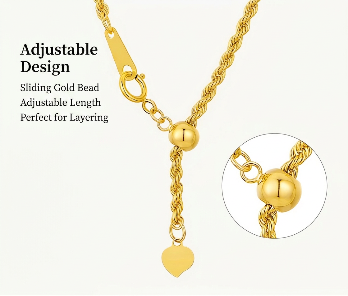 18K Solid Gold Rope Chain Necklace | 41-50cm | Yellow Gold | Adjustable