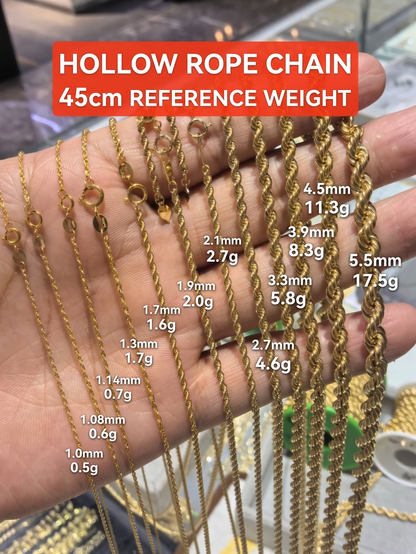18K Solid Gold Rope Chain Necklace | 41-50cm | Yellow Gold | Adjustable