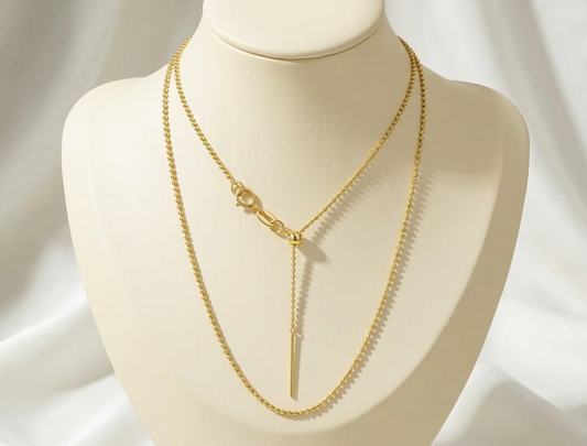 18K Gold Bead Chain Necklace Adjustable Slide Clasp Dainty Au750