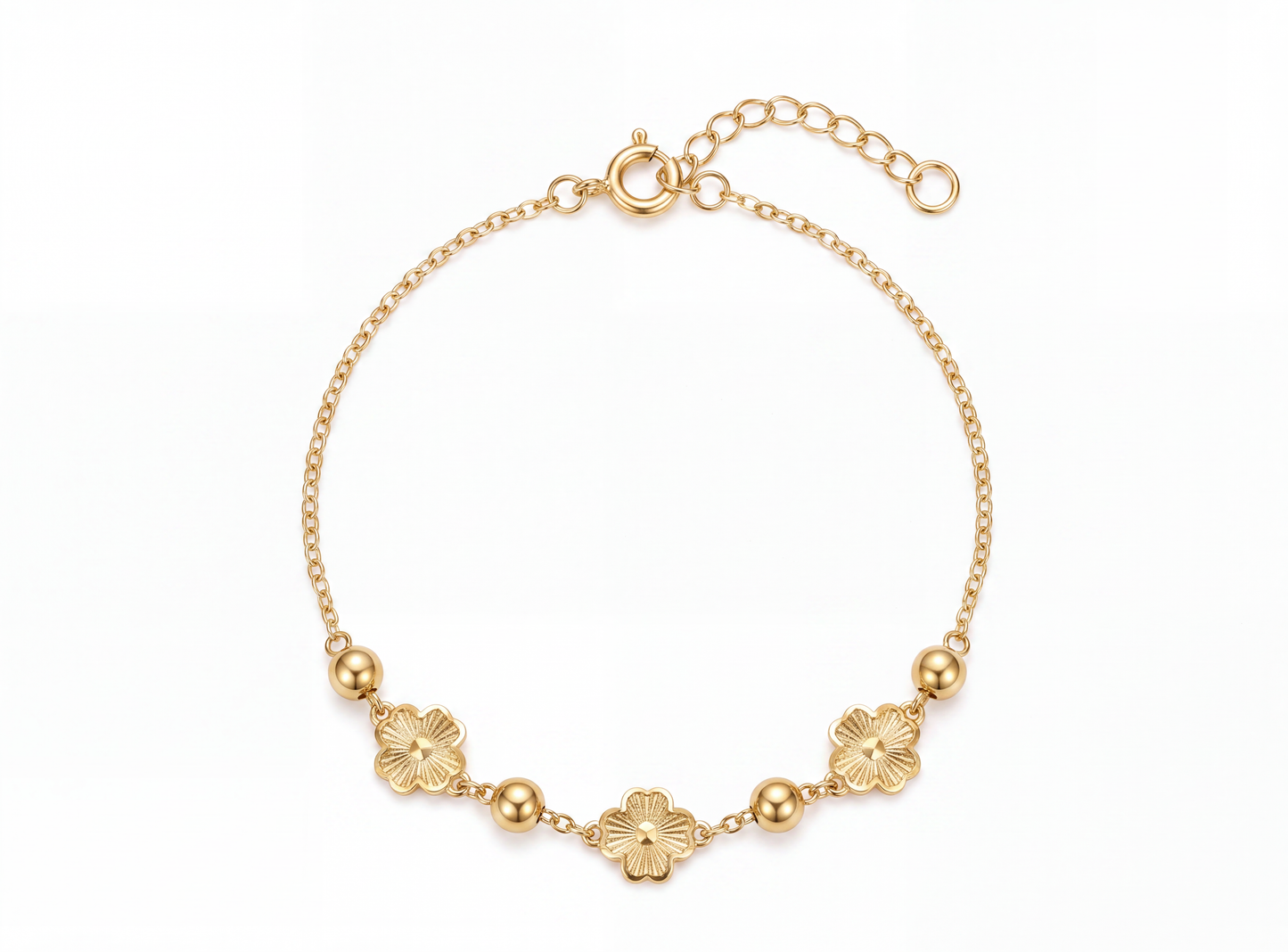18K Solid Gold Flower Bead Bracelet Dainty Chain Flash Accessories Au750