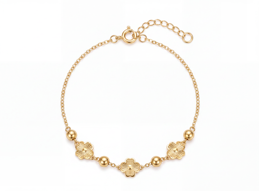 18K Solid Gold Flower Bead Chain Bracelet