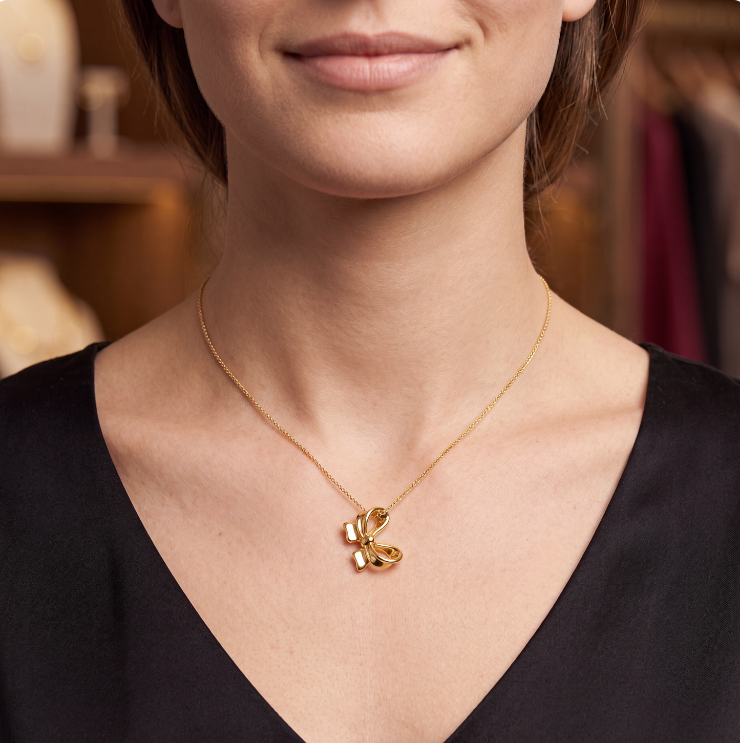 18K Solid Gold Bow Pendant Necklace O Chain Dainty Minimalist Au750