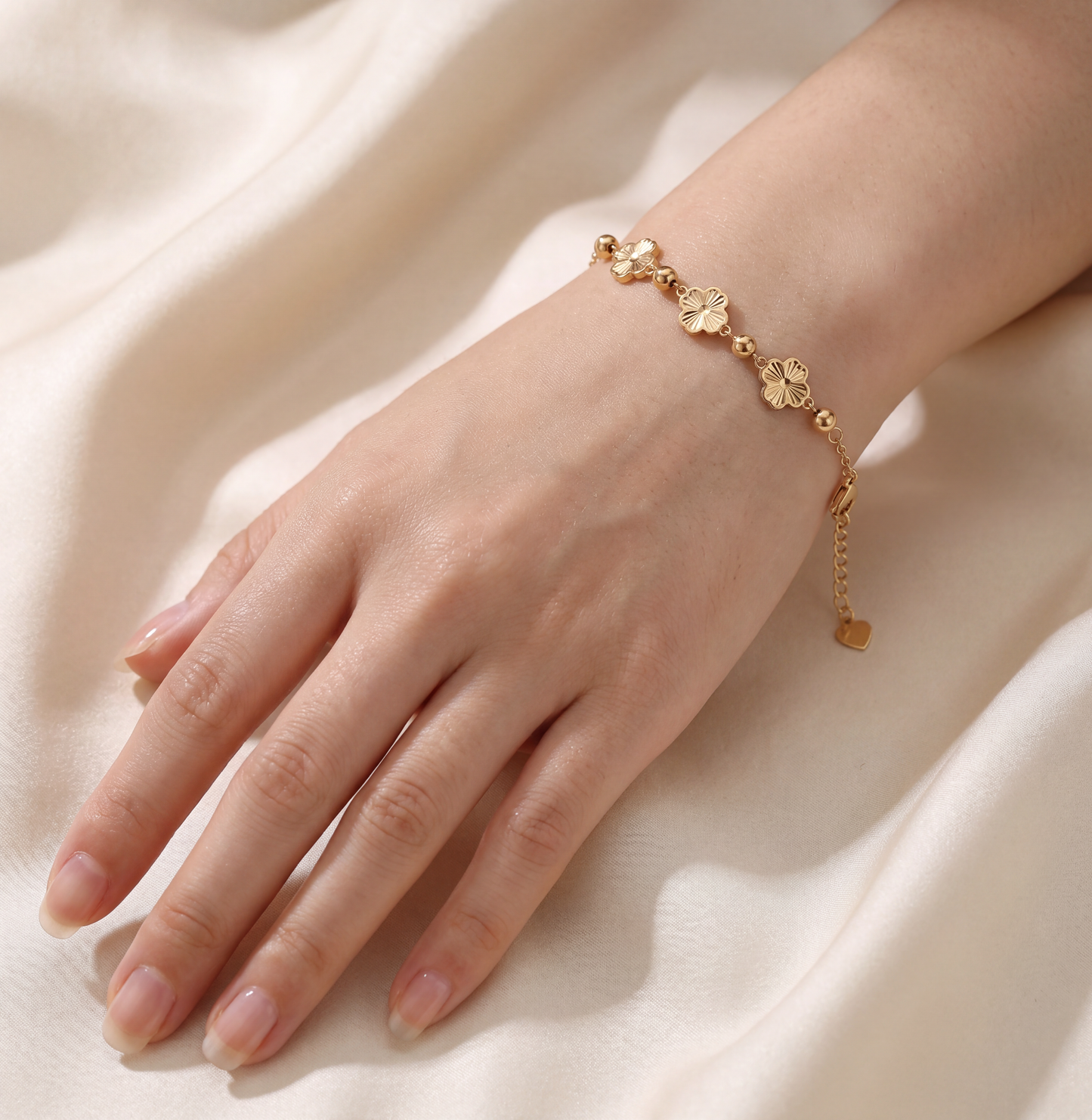 18K Solid Gold Flower Bead Bracelet Dainty Chain Flash Accessories Au750