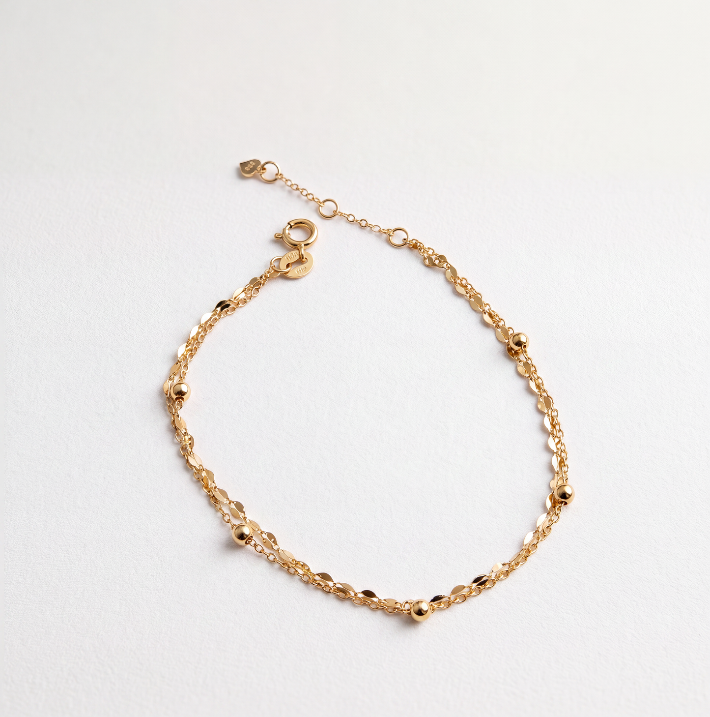 18K Solid Gold Double Bead Chain Bracelet Dainty Layered Au750