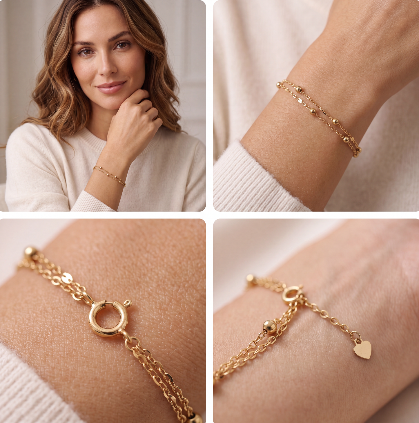 18K Solid Gold Double Bead Chain Bracelet Dainty Layered Au750