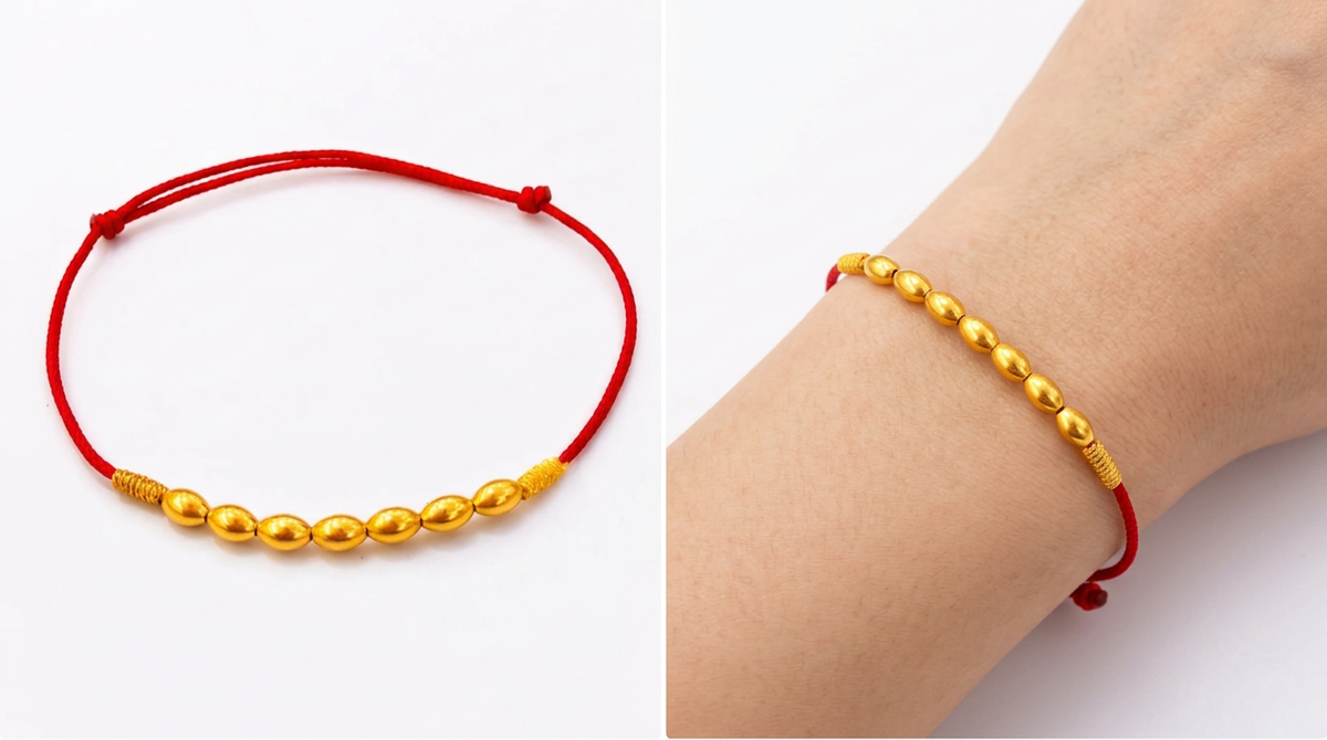 18K Solid Gold Rice Bead Red Cord Bracelet