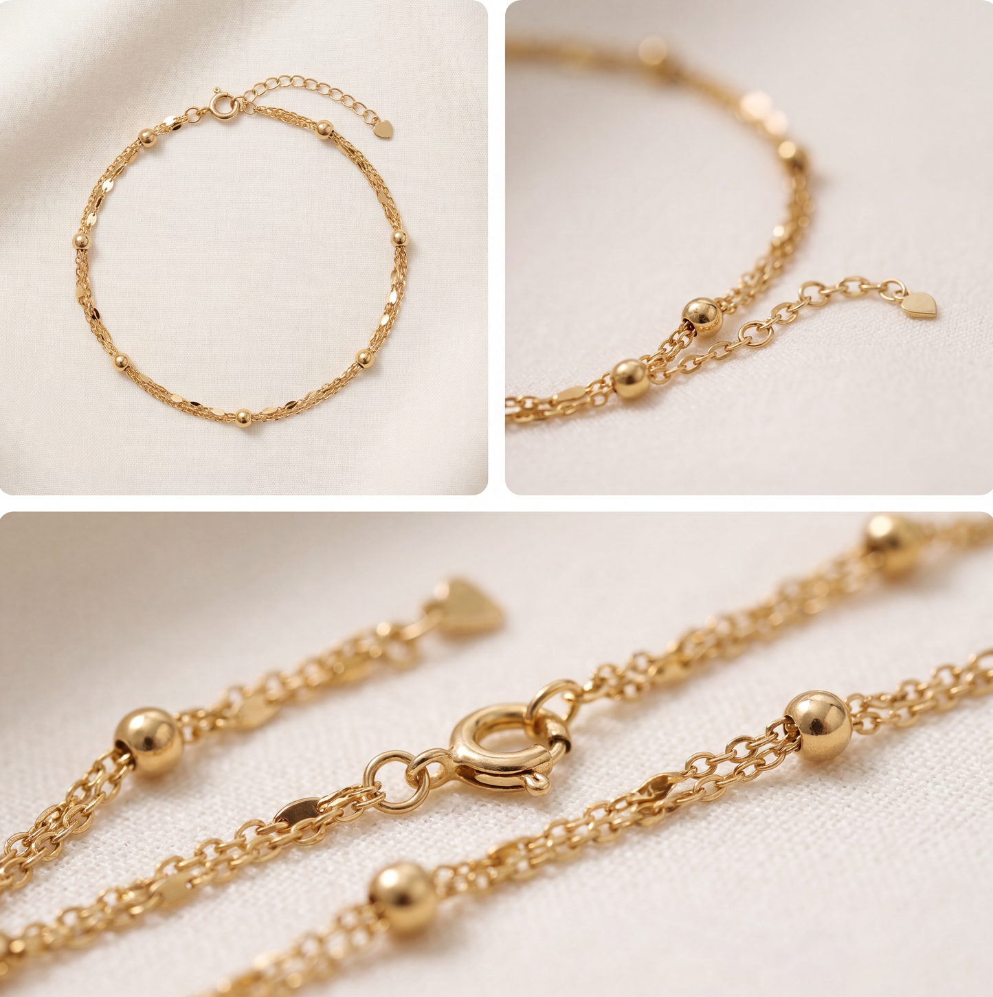 18K Solid Gold Double Bead Chain Bracelet Dainty Layered Au750