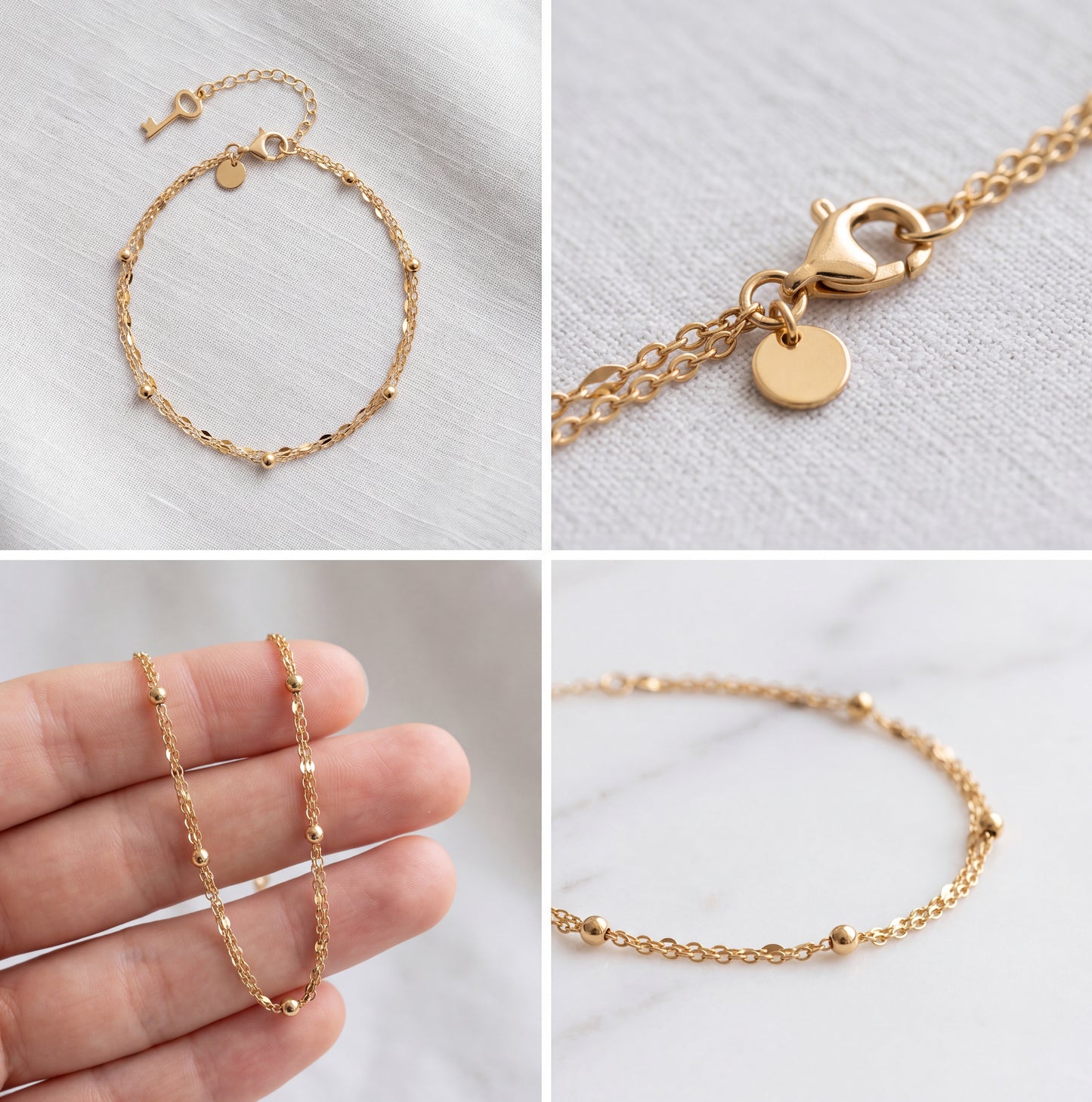 18K Solid Gold Double Bead Chain Bracelet Dainty Layered Au750