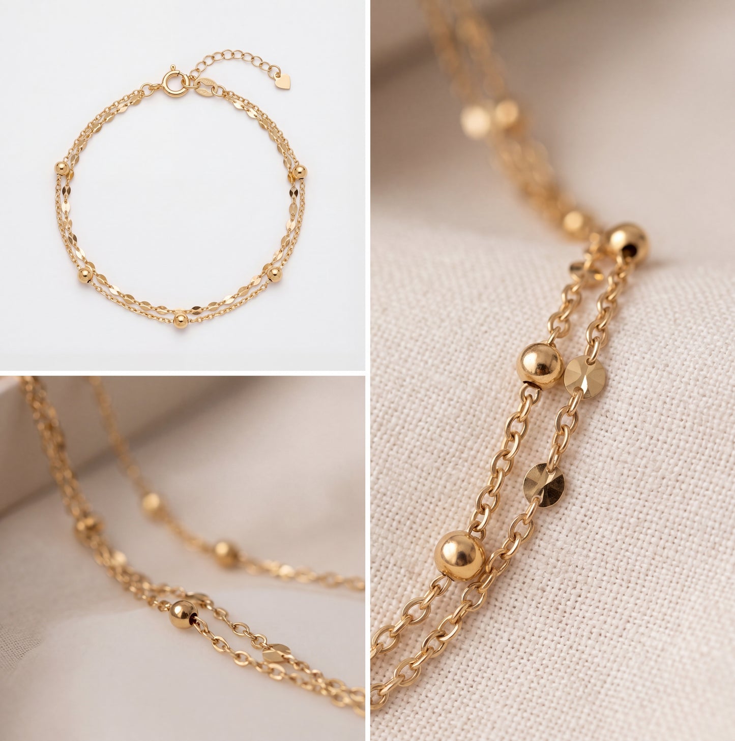 18K Solid Gold Double Bead Chain Bracelet Dainty Layered Au750