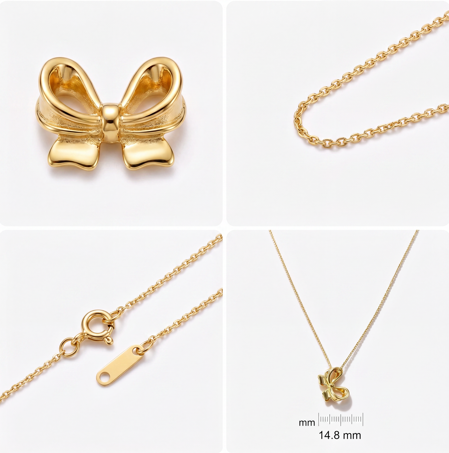 18K Solid Gold Bow Pendant Necklace O Chain Dainty Minimalist Au750