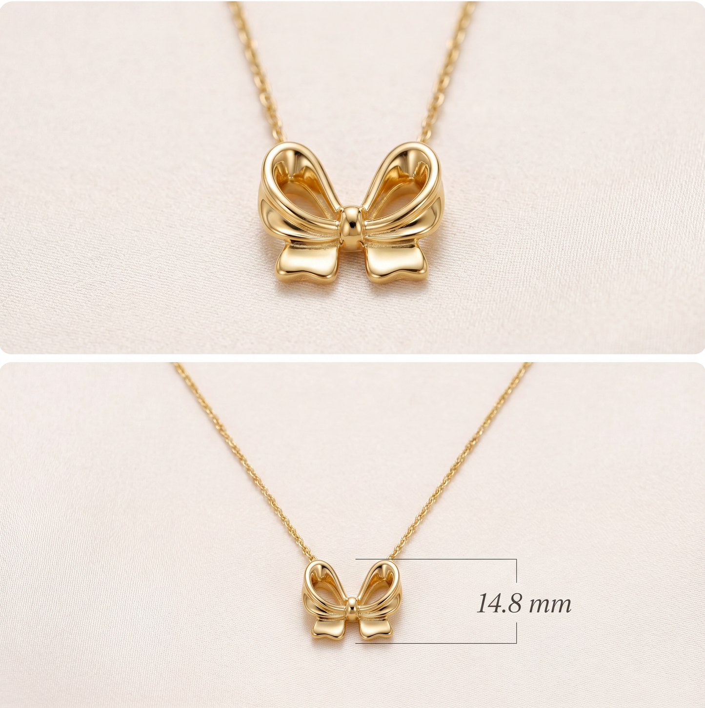 18K Solid Gold Bow Pendant Necklace O Chain Dainty Minimalist Au750