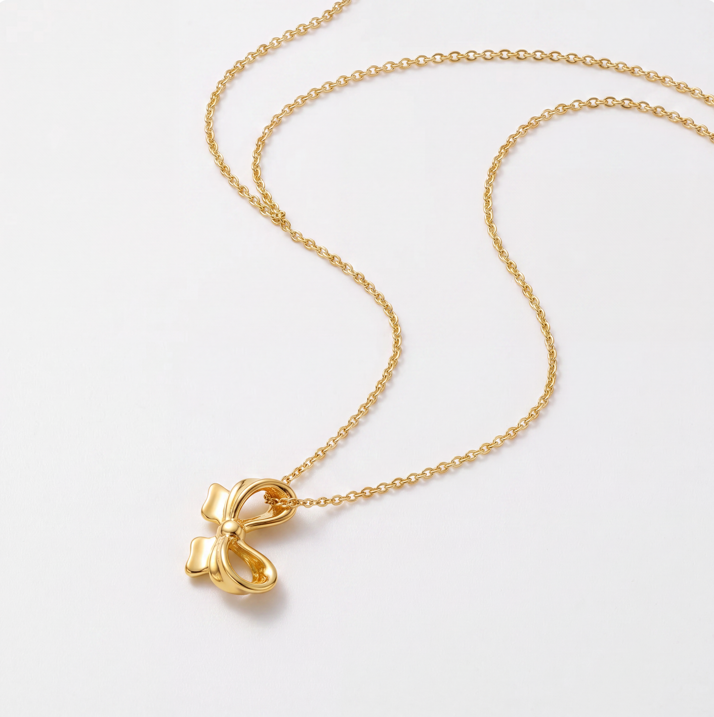 18K Solid Gold Bow Pendant Necklace O Chain Dainty Minimalist Au750