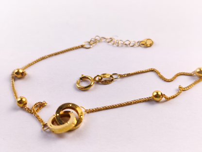 18K Solid Gold Interlocking Double Ring Bracelet, Au750 Twisted Chain with Heart Charm