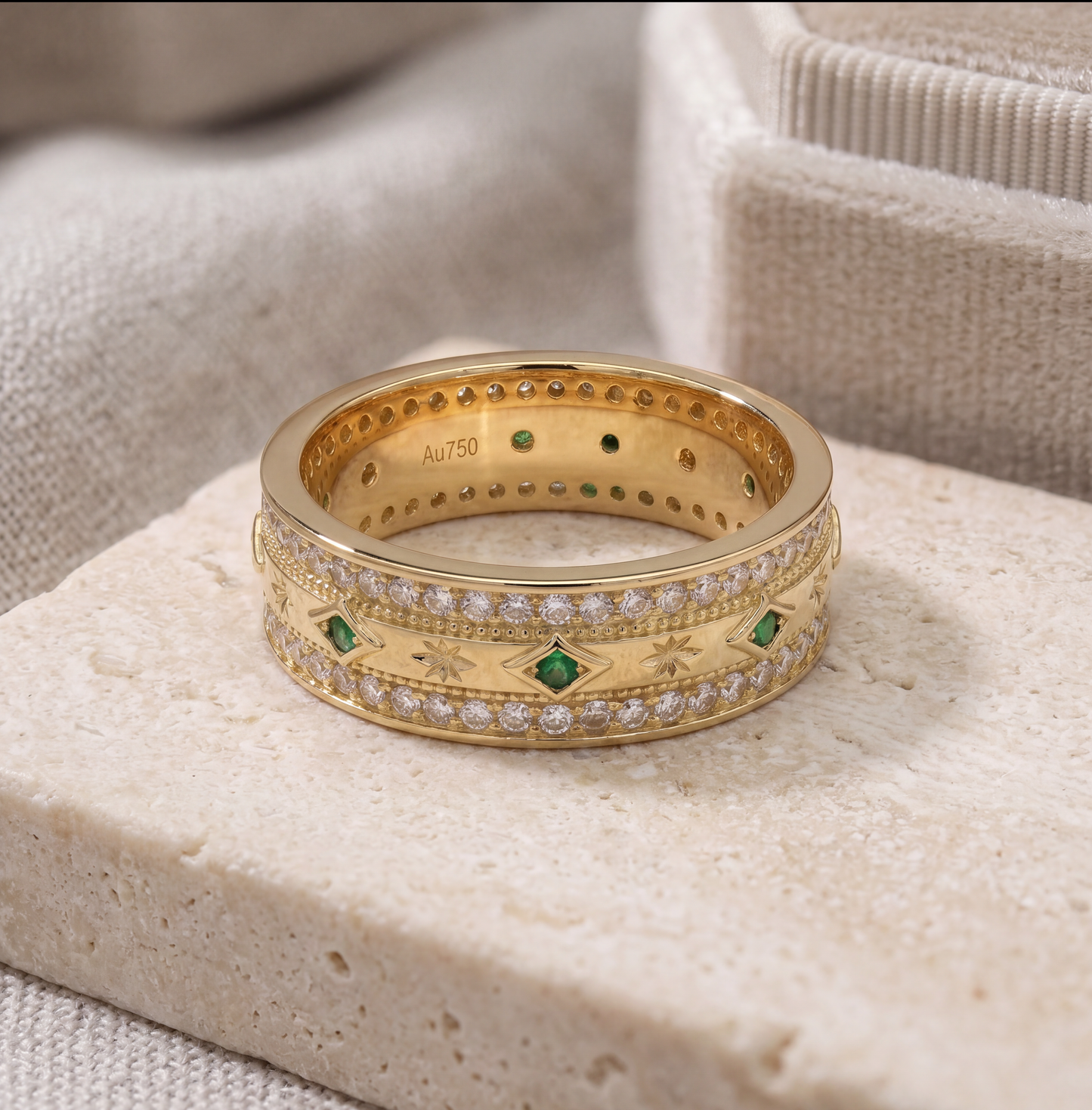 Gold Ring 18K Solid | Double Row Diamond Emerald Band | Fine Jewelry Au750