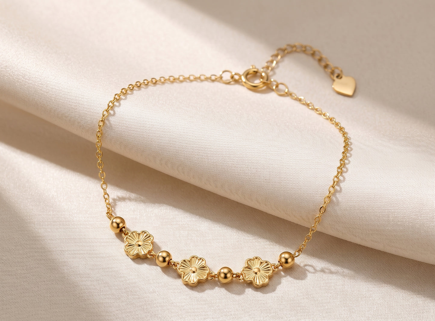 18K Solid Gold Flower Bead Bracelet Dainty Chain Flash Accessories Au750