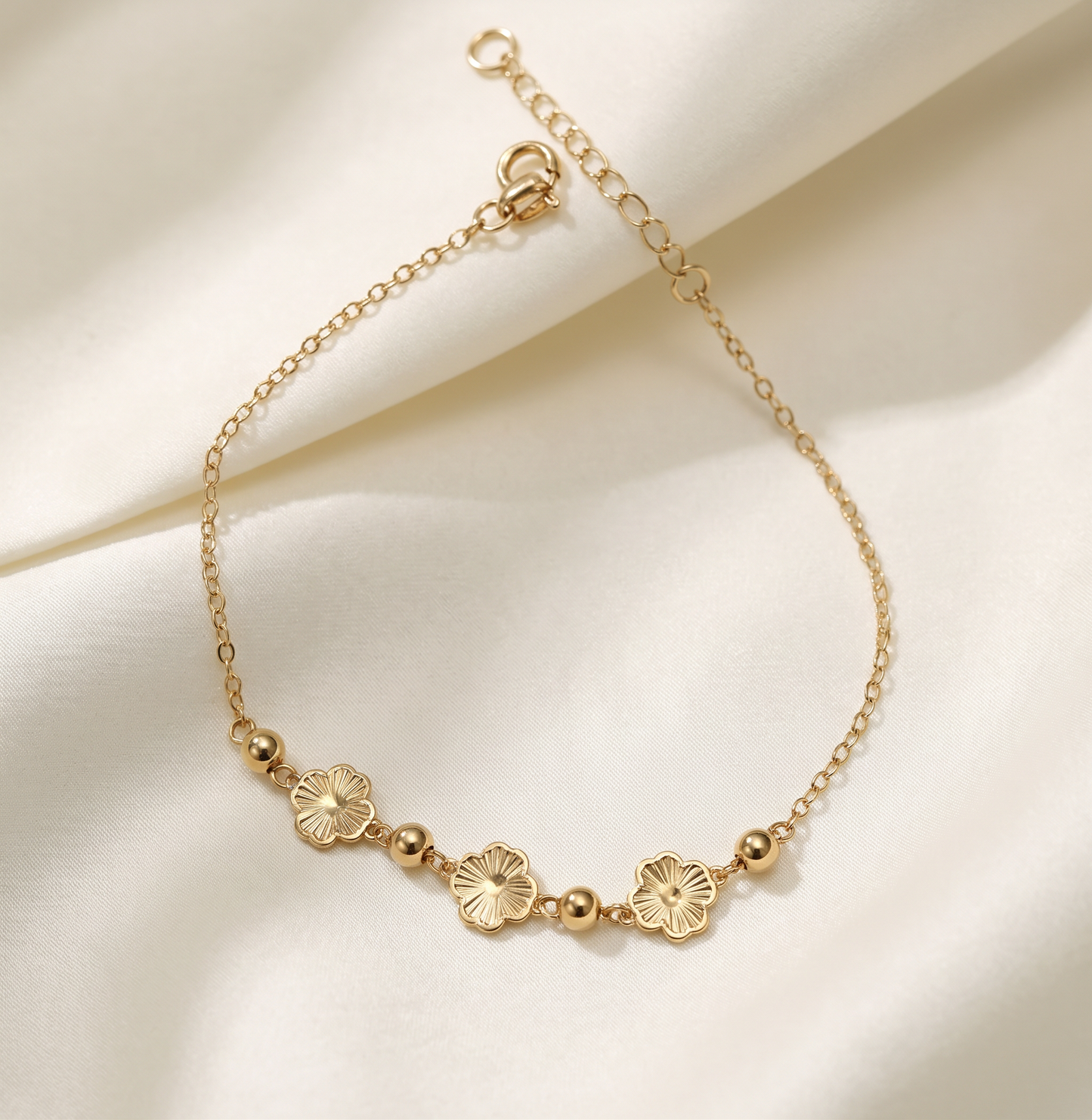 18K Solid Gold Flower Bead Bracelet Dainty Chain Flash Accessories Au750