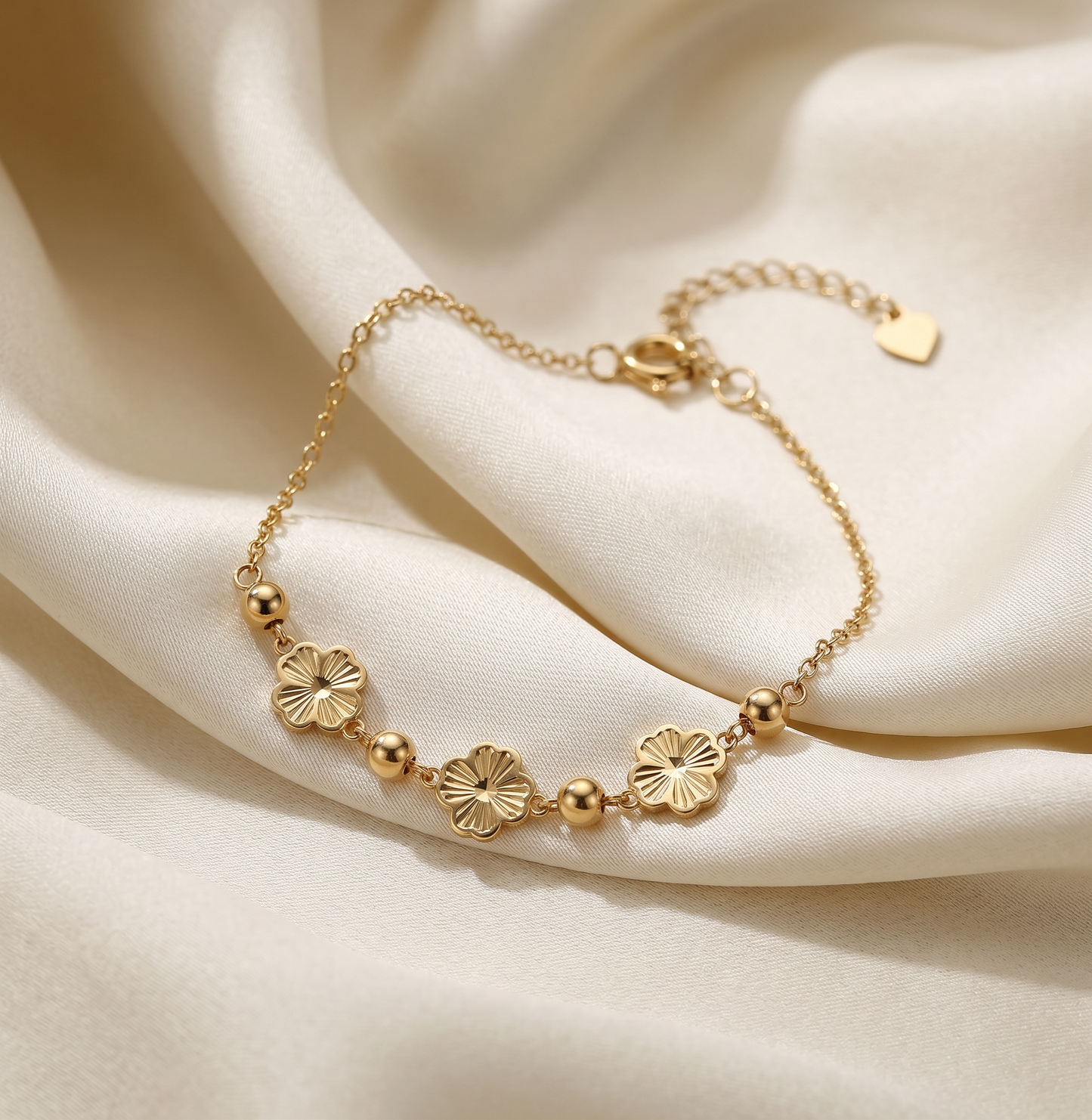 18K Solid Gold Flower Bead Bracelet Dainty Chain Flash Accessories Au750