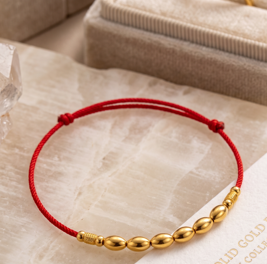 18K Solid Gold Rice Bead Red Cord Bracelet