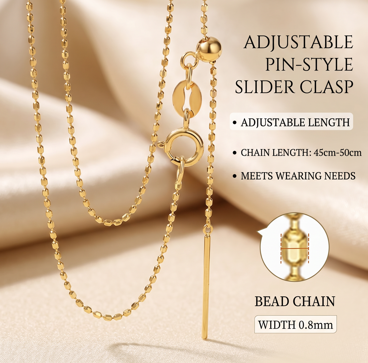18K Gold Bead Chain Necklace Adjustable Slide Clasp Dainty Au750