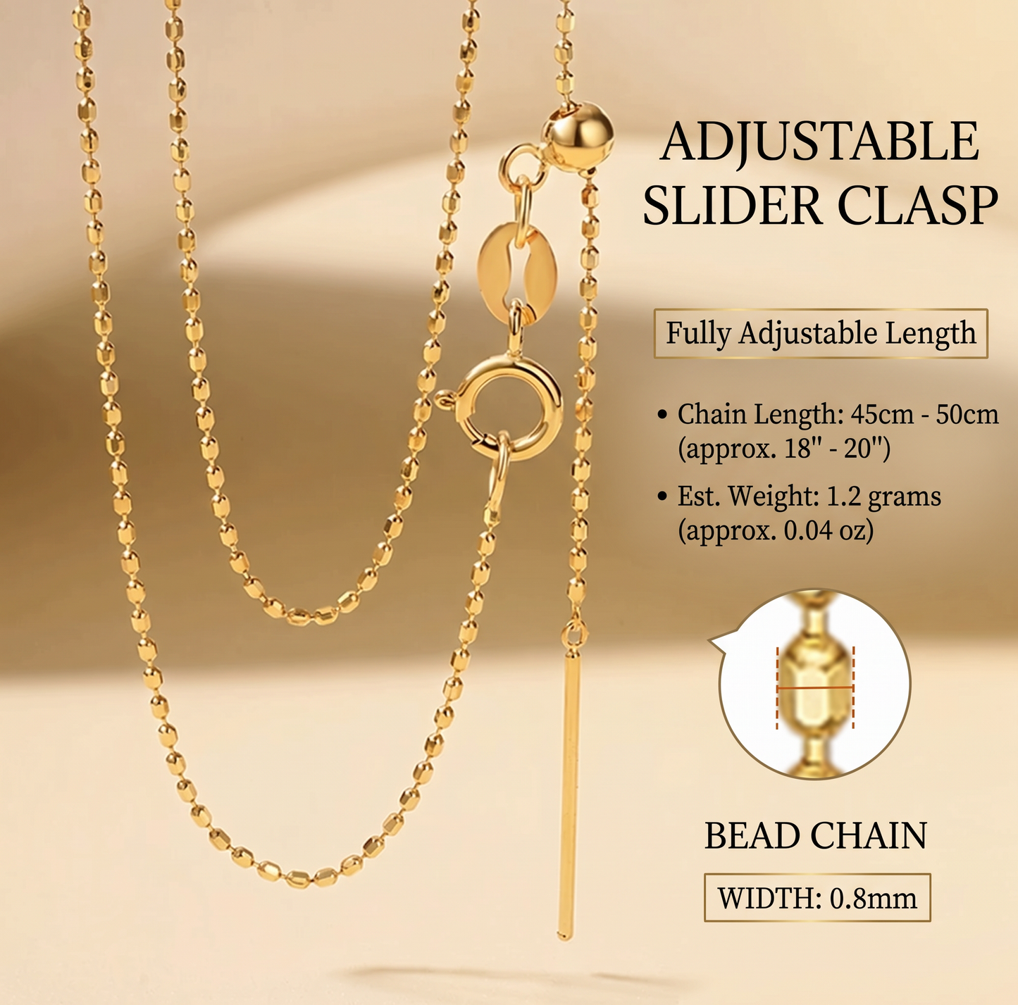 18K Gold Bead Chain Necklace Adjustable Slide Clasp Dainty Au750