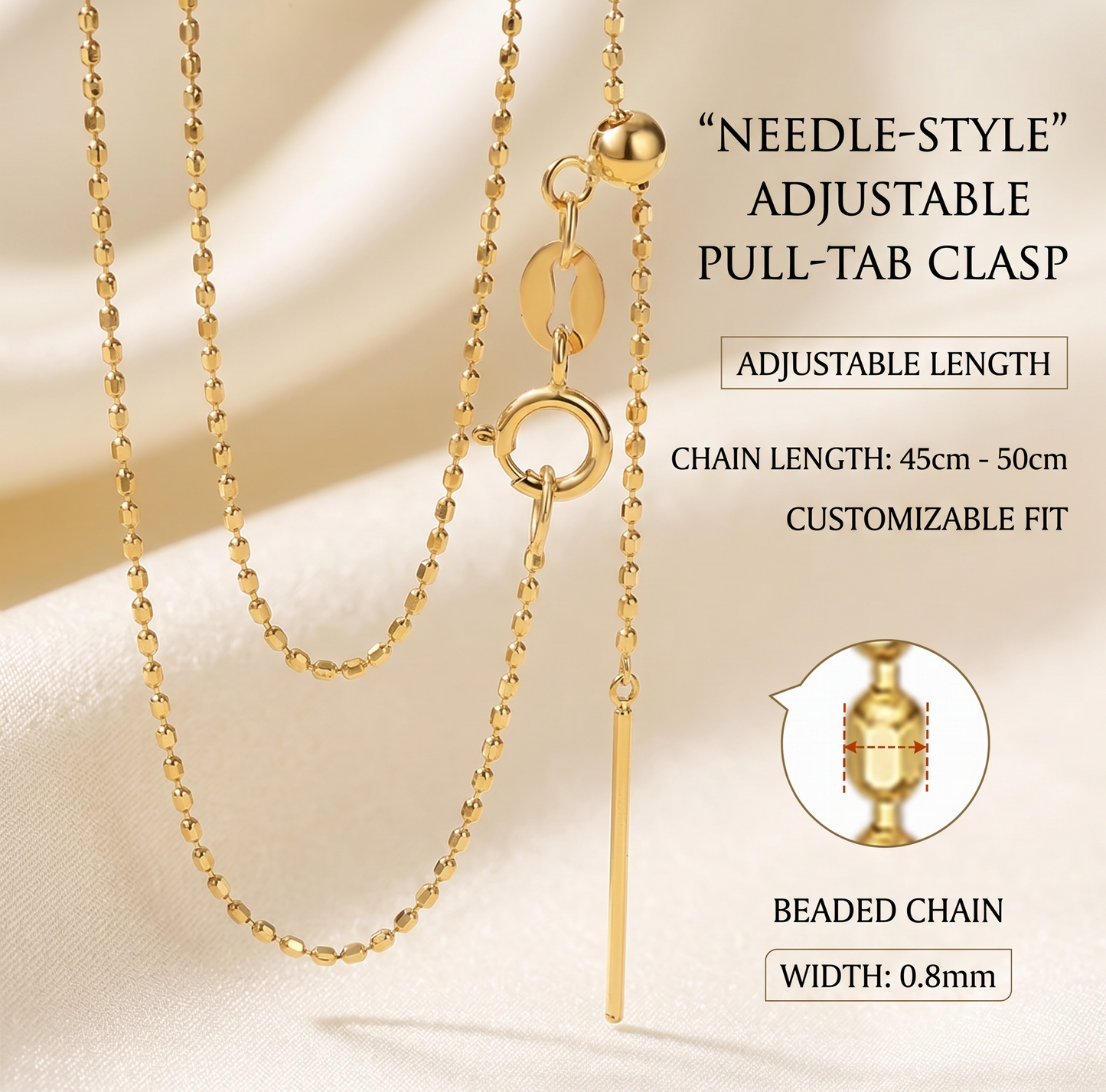 18K Gold Bead Chain Necklace Adjustable Slide Clasp Dainty Au750