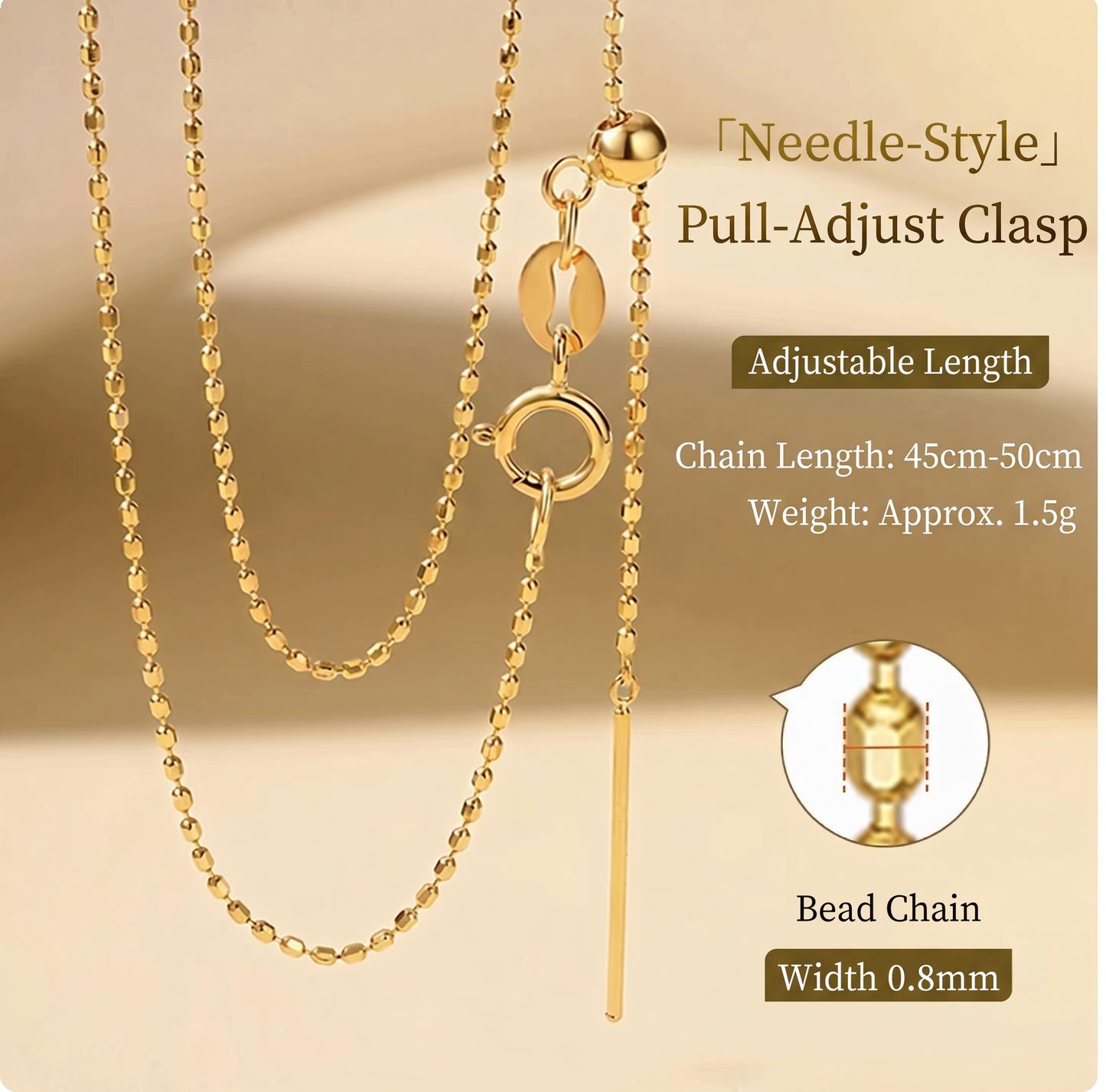 18K Gold Bead Chain Necklace Adjustable Slide Clasp Dainty Au750