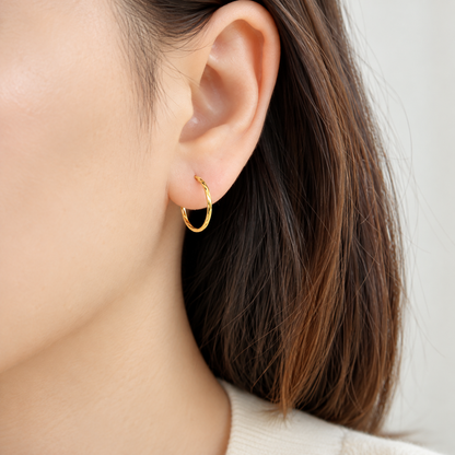 18K Solid Gold Textured Hoop Earrings – 15 mm