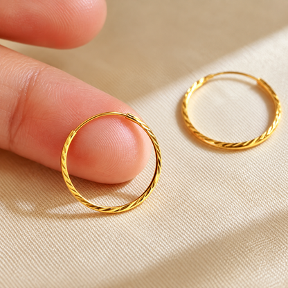 18K Solid Gold Textured Hoop Earrings – 15 mm