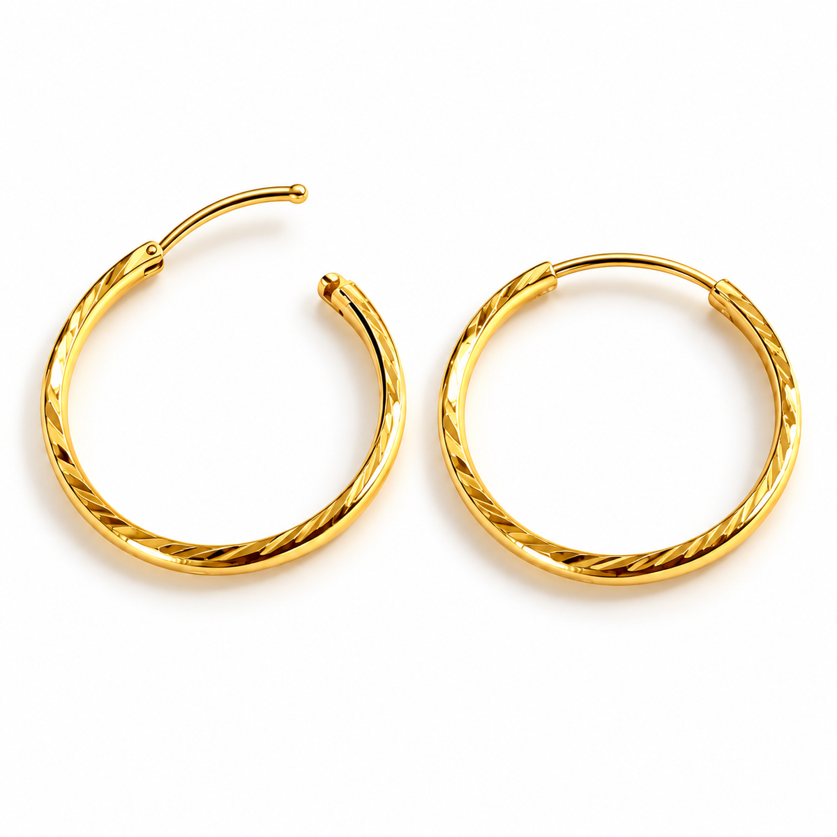 18K Solid Gold Textured Hoop Earrings – 15 mm