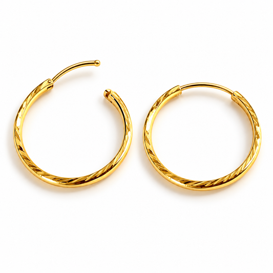 18K Solid Gold Textured Hoop Earrings – 15 mm