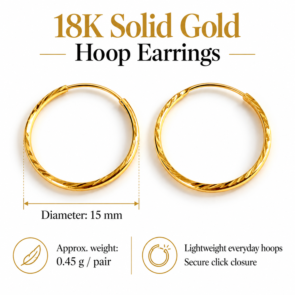 18K Solid Gold Textured Hoop Earrings – 15 mm