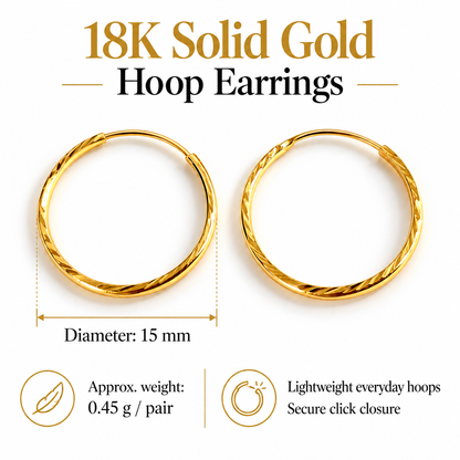 18K Solid Gold Textured Hoop Earrings – 15 mm