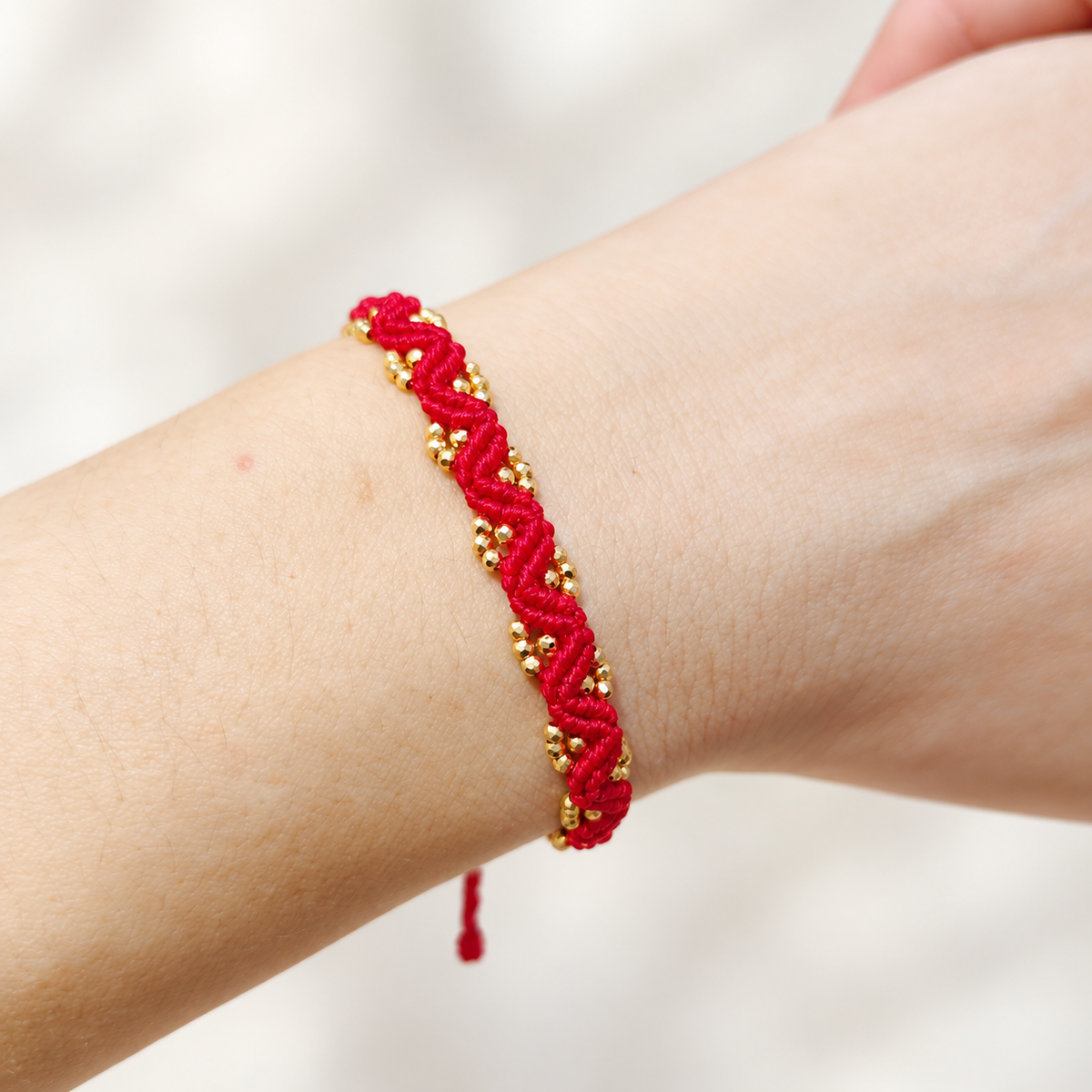 18K Solid Gold Bead Red String Bracelet – Braided Cord