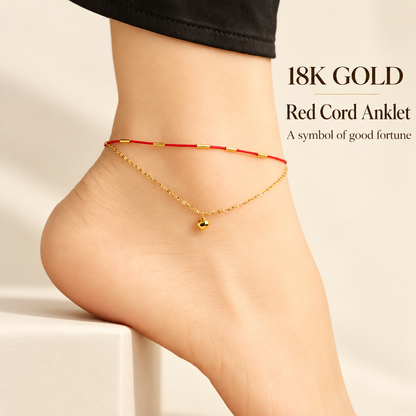 18K Solid Gold Anklet Set – Red Cord & Heart Charm