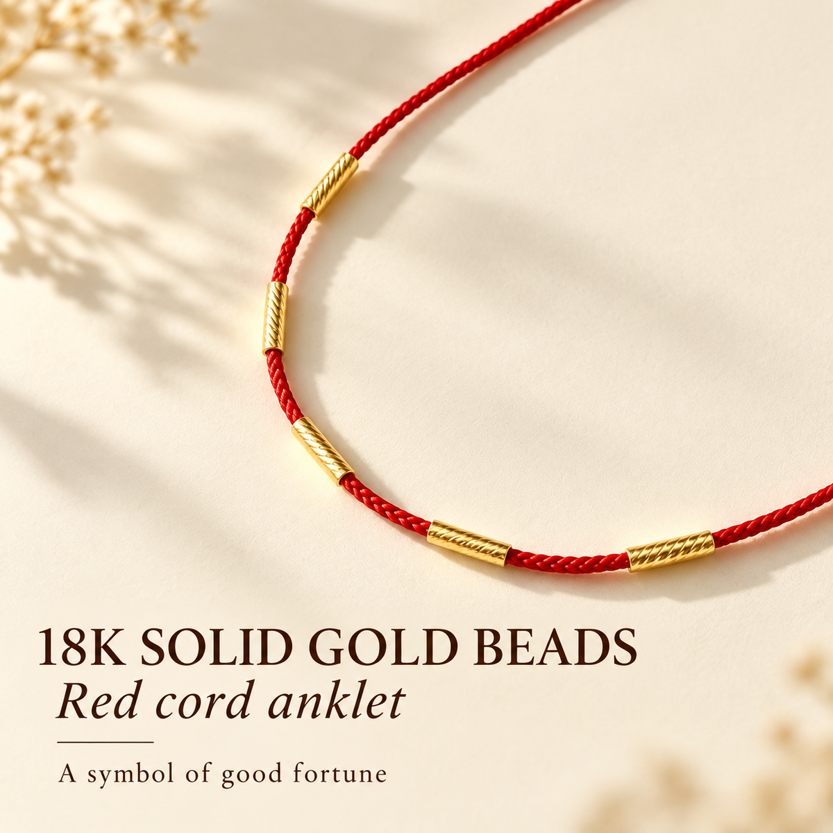 18K Solid Gold Anklet Set – Red Cord & Heart Charm