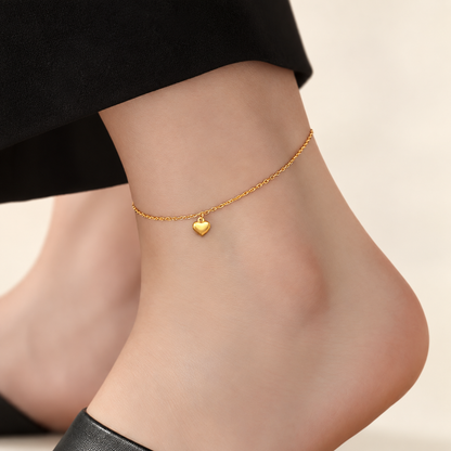 18K Solid Gold Anklet Set – Red Cord & Heart Charm