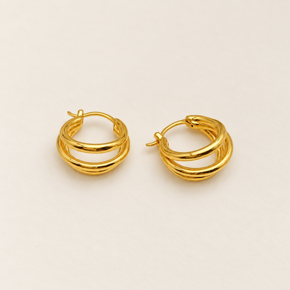 18K Solid Gold Layered Triple Hoop Earrings – 15 mm