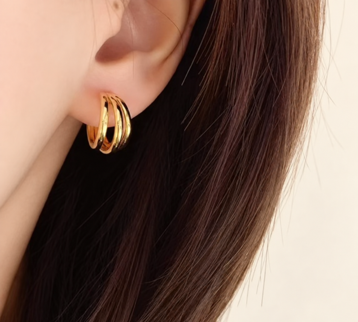 18K Solid Gold Layered Triple Hoop Earrings – 15 mm