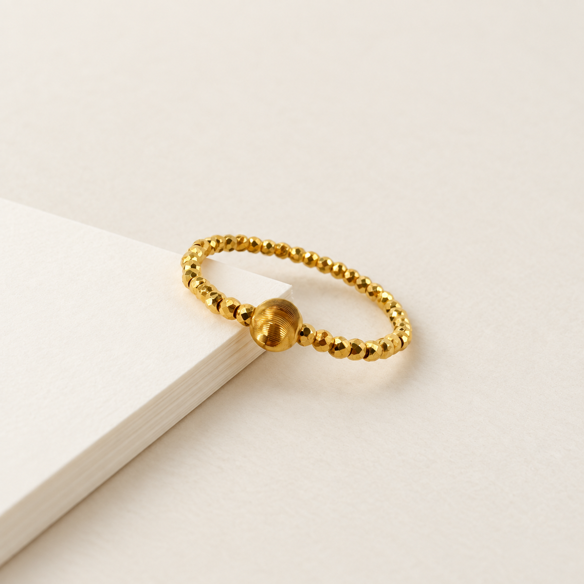 18K Solid Gold Beaded Stacking Ring with Faceted Oval
