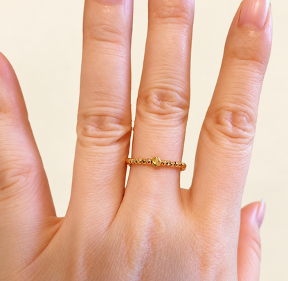 18K Solid Gold Beaded Stacking Ring with Faceted Oval