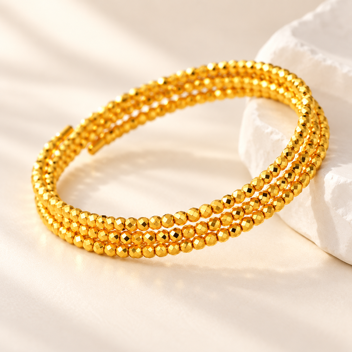 18K Solid Gold Triple Wrap Faceted Bead Bracelet
