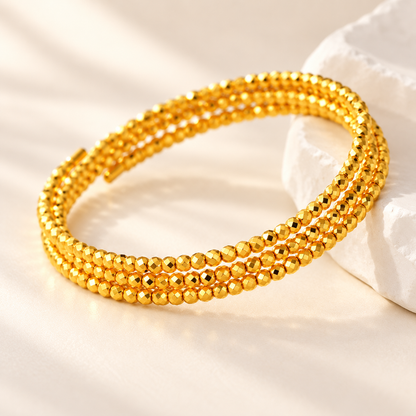 18K Solid Gold Triple Wrap Faceted Bead Bracelet
